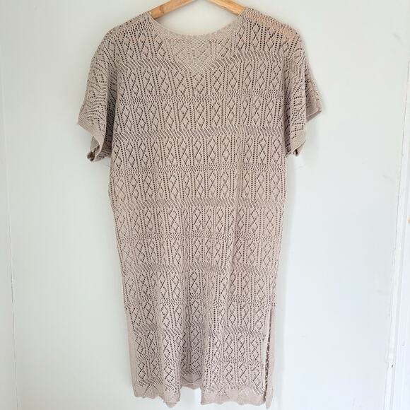 Open Knit Crochet Style Tunic Coverup Dress | Neutral Taupe Beige Beach Boho - Picture 10 of 10